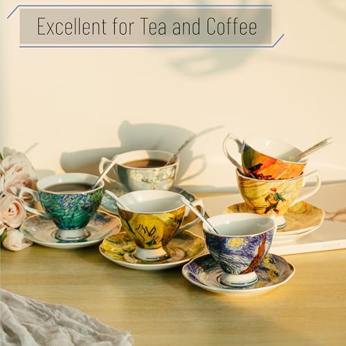 BTaT- Tea Cups and Saucers, Set of 6 with Spoon, 8 oz, Fine Porcelain Teacup Set with Gold Trim for Afternoon Tea, Weddings, Parties & Gifting, Dishwasher Safe, Lightweight, Non-Toxic
