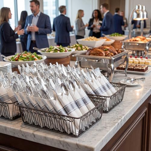 Liacere 400PCS Silver Plastic Silverware - Pre Rolled Napkins Disposable Silver Cutlery-Premium Quality Gold Plastic Utensils - Includes 100Forks,100Knives,100Spoons,100Napkins For Wedding & Party