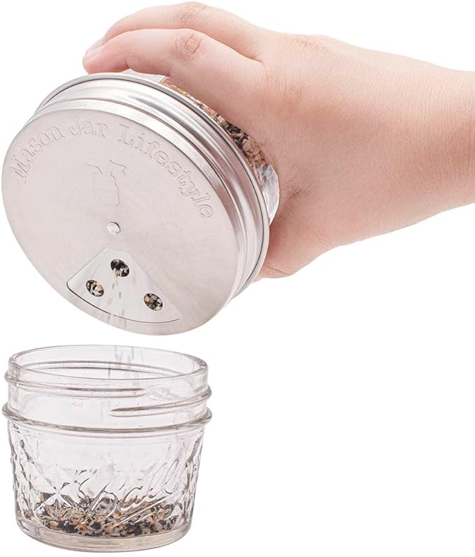 Mason Jar Lifestyle Adjustable Spice Shaker Lids for Wide Mouth Mason Jars – 4 Pack Stainless Steel Tops with Shaker and Pour Options – Seasoning Dispenser Lids
