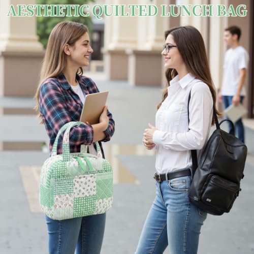 WOBAGMEN Quilted Lunch Box for Women,Coquette Aesthetic Lunch Box,Cute Green Patchwork Lunch Bags for Work,Office,Picnic,Travel(Green Patchwork)