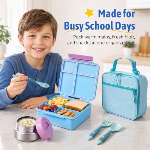 Bento Box for Kids with Thermo Food Container (9oz), 4-Compartment Lunch Box, Adjustable Divider, Leakproof Bento Lunch Box, Includes Utensils & Carry Bag for School, Office(Light Blue)