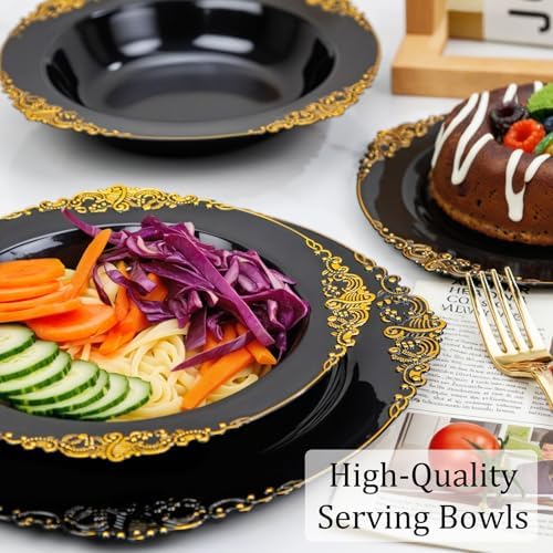 Nervure 50PCS Black Plastic Bowls with Gold Rim - 12oz Disposable Soup Bowls, Heavy Duty Salad Ice Cream Bowl Perfect For Weddings, Parties and Halloween (Pack of 2)