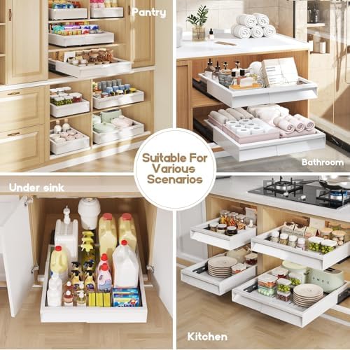 Seinloes Pull Out Cabinet Organizer, 4-Side Expandable to Fit Most Cabinets, 3 Rail Slide Out Drawers with Raising Pad for Framed & Frameless Cabinets, 11"-16" W x 13"-17" D, White, 2 Pack