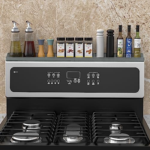 Magnetic Stove Shelf for Back of Stove, 30 Inch Silicone Stove Top Spice Rack for Kitchen Organization, Heat Resistant Over the Stove Shelf with 6 Powerful Magnets, Fits Flat & Curved Stoves- Grey