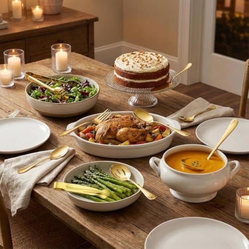 12 Pcs Gold Serving Utensils Set Include Stainless Steel Large Serving Spoons Slotted Spoons Forks Soup Ladle Pie Server - Metal Utensils for Parties Buffet Catering, Dishwasher Safe