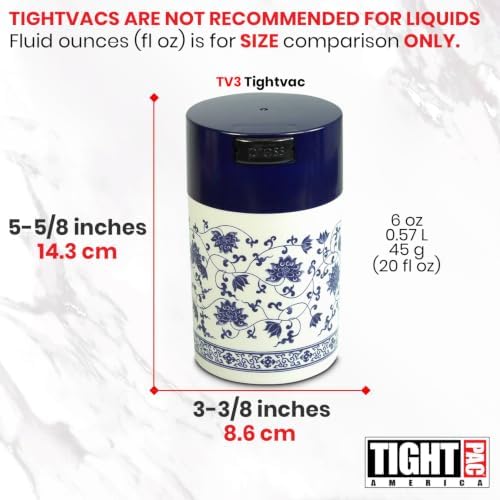 Tightpac Teavac 6-Ounce Vacuum Sealed Tea Storage Container, Blue Cap and White Body/Floral Design