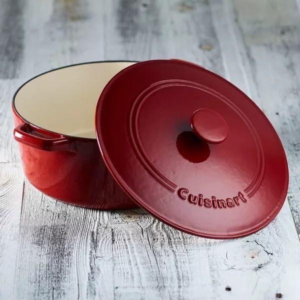 Cuisinart Chef's Classic Enameled Cast Iron Dutch Oven with Lid, Porcelain Enameled Interior, Oven Safe, Induction Compatible, 7-Quart, Round, Venice Red