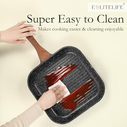 ESLITE LIFE Nonstick Grill Pan for Stove Tops, Versatile Griddle with Pour Spouts, 11 Inch Square Big Grilling Skillet Steak Pan for Indoor & Outdoor Cooking, PTFE & PFOA Free, Black