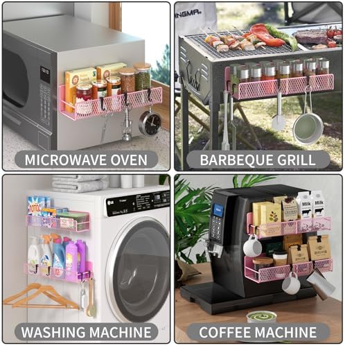 Magnetic Spice Rack for Refrigerator, 2 Pack Metal Magnetic Shelf Pink, Moveable Spice Organizer with Hooks, Super Magnetic Fridge Shelf for Kitchen Organization and Storage