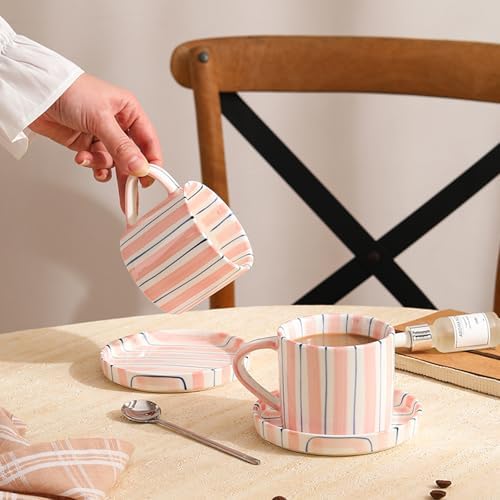 Hand-Painted Ceramic Coffee Mug and Saucer Set, 8 oz Artisan Striped Porcelain Espresso Cup, Decorative Tea Cup with Large Handle for Home, Office,Pink