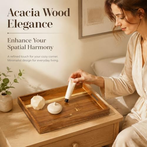 Premium Acacia Wood Serving Tray with Handles 17x12 Inch