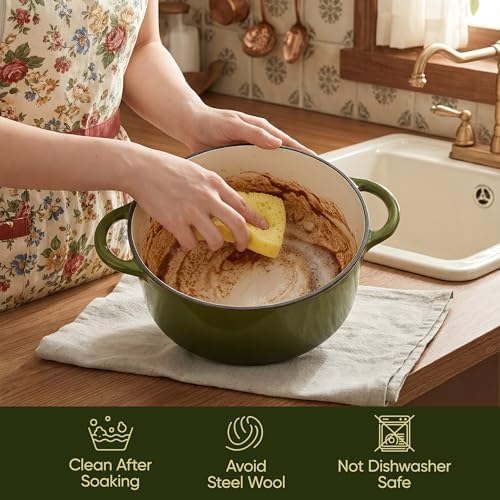 Vintage Style 6 Quart Dutch Oven Pot with Lid, Non Stick Enameled Cast Iron Dutch Oven for Bread Baking, Heavy-Duty, Oven Safe Ceramic Cookware Up to 500°F for Baking, Braising, Stews, Roasting, Golden Green