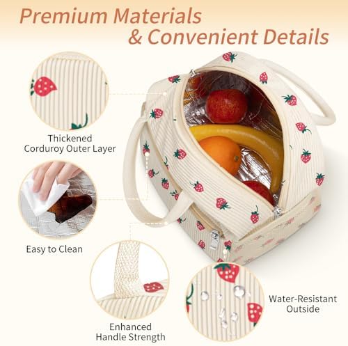 Coobiiya Corduroy Lunch Bag Lunch Box for Women Men, Cute LunchBag Lunch Tote Bags Insulated Reusable LunchBox Large Capacity Cooler Bag for Work Travel Picnic