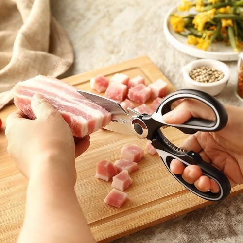 2 Pack Kitchen Scissors Heavy Duty, All Purpose Stainless Steel Kitchen Shears for Cutting Meat Chicken Crab Legs, Dishwasher Safe Seafood Scissors with Protective Cover (Black)