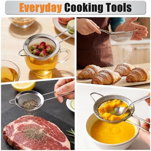 4PCS Fine Mesh Strainer Set, Premium Stainless Steel Fine Mesh Strainers, Food Fine Sieve with Non-Slip Handle, Perfect for Juice, Baking Flour, Drinks, Cocktails, Rice, Jam, Tea(2.8"/3.2"/3.9"/4.7")