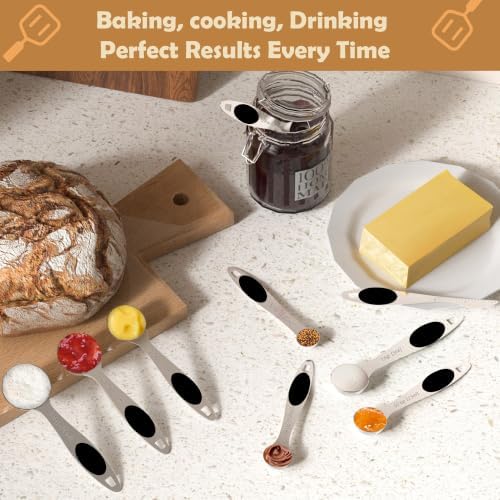 Measuring Spoons,Magnetic Measuring Spoons Set,304 Stainless Steel 7 Single Side Measuring Spoons Set and 1 Leveler with Strong N45 Magnetss,Heavy Duty Metal Kitchen Gadgets for Baking & Cooking