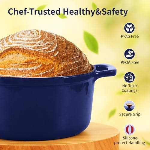 Enameled Cast Iron Dutch Oven with Lid&Silicone Grip, Round Casserole Pot for Bread Baking, Braising, Roasting,Stews,Heavy-Duty Baking Pan,Oven Safe, Induction Compatible (4.7QT,Indigo)