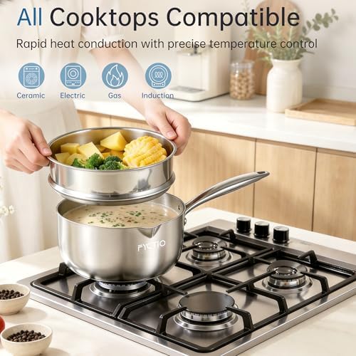 Tri-Ply Stainless Steel Sauce Pan, 2.5 Qt Saucepan with Steamer