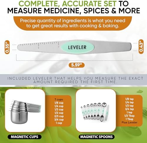 Spring Chef Magnetic Measuring Cups & Spoons Set of 15 with Levelers, Mint