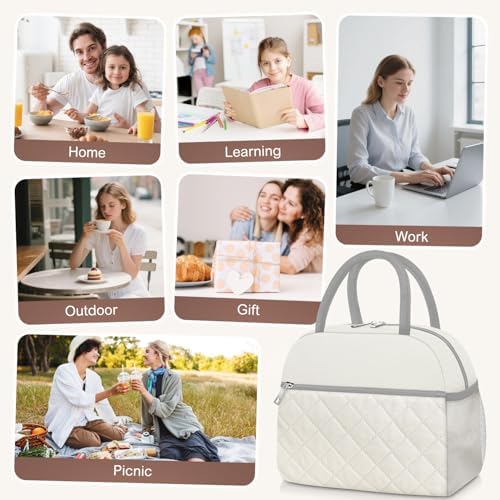 KUBYA Lunch Box for Women Adult Men Insulated Cute Quilted Lunch Bag Women Reusable Large Lunch Tote Bag Leakproof Simple Cooler Bag for Work Office Picnic Beach or Travel