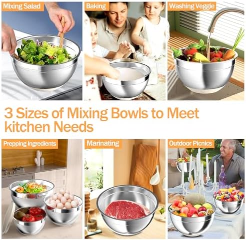 Nicdiet Mixing Bowls with Airtight Lids, Stainless Steel Mixing Bowl Set with 3 Metal Nesting Bowls, Colander & Grater, Non-Slip Bottoms, Size 1.5, 2.5, 5 QT, Great for Mixing & Serving, Khaki