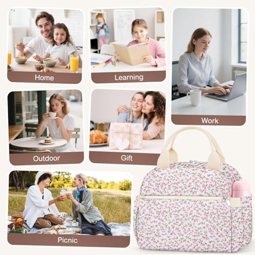 KUBYA Lunch Box for Women, Cute Flower Corduroy Insulated Lunch Bag Women Reusable Work Leakproof Simple Adults Large Lunch Boxes Tote Bag Men Cooler Bag