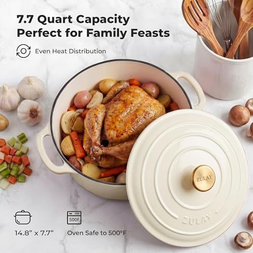 Zulay Kitchen 7.7 Quart Enameled Cast Iron Dutch Oven Pot with Lid – Premium Durability & Oven Safe up to 500°F – Heavy Duty Cookware Perfect for Bread Baking, Stews, Braising & Roasting – Ivory