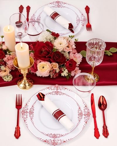 Nervure 350Pcs Red Plastic Plates, Plastic Dinnerware Set for 50 Guests