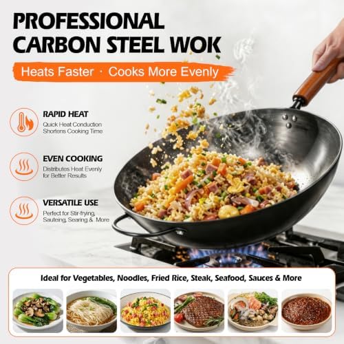 13" Carbon Steel Wok Pan & Glass Lid,Pre-Seasoned Flat Bottom Nitrided Wok
