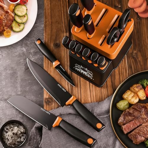 14 Pcs Kitchen Knife Block Set with Sharpener German High Carbon Stainless Steel Chef Knives, Razor-Sharp & Durable, Lightweight Anti-Slip Handle, Professional Set for Home & Kitchen (Orange)