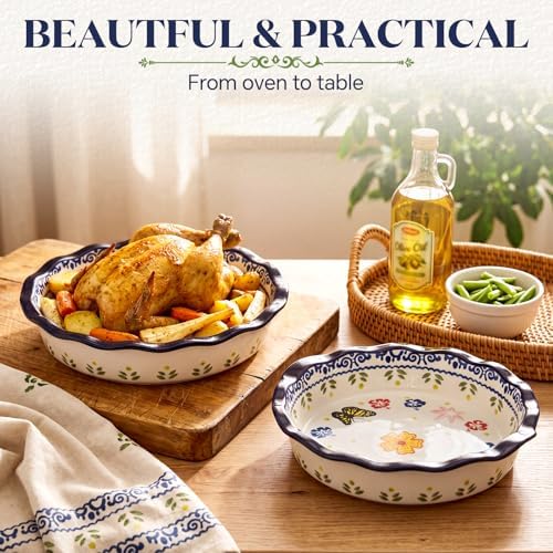 Uiifan Ceramic Casserole Dishes Vintage Pie Pan Bakeware Butterfly and Flower Pattern Plate Lasagna Pans Soup Bowl for Oven, Dishwasher and Microwave Safe(2 Pack,Round Style)