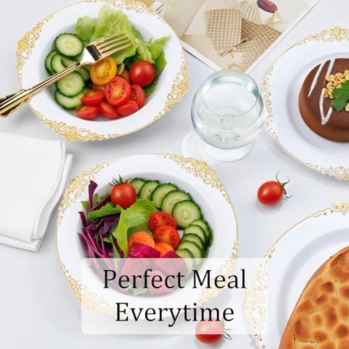 Nervure 50PCS White Plastic Bowls with Gold Rim - 12oz Disposable Soup Bowl