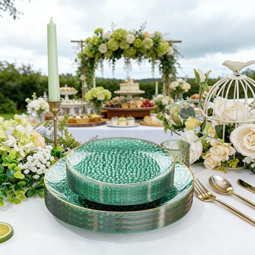 Rubtlamp 60 Green Plastic Plates, Hammered Clear and Gold Disposable Plates, Grenn Disposable Plates Include 30 Dessert Platos, 30 Dinner Platos for Party