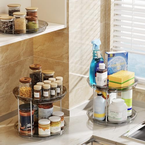 LAMU 2 Pack 2 Tier Lazy Susan Turntable Organizer 9.25'' Rotating Spice Rack Organization for Cabinet, Kitchen, Pantry, Countertop, Bathroom, Vanity, Medicine Cabinet Organizer, Grey