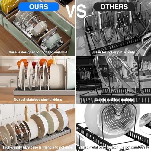 Mustorn Pots and Pans Organizer Under Cabinet, 22" Expandable Food Storage Container Lid Organizers with 9 Adjustable Dividers Pot and Pan Lid Holders Rack Inside Cabinet/Countertop(1 Pack, Gray)