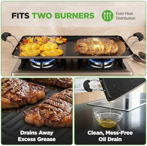 NutriChef 24" Stove Top Griddle Pan, Nonstick Double Burner Grill & Griddle Combo, Ridged & Flat Surfaces, Suitable for Frying & Searing, Cool-Touch Handles, Easy to Clean, Black