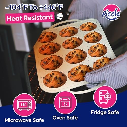 RICCLE Silicone Muffin Pans for Baking with Metal Reinforced Frame, 12-Cup Cupcake Pan, 2 Pcs Muffin Trays for Cupcake Baking, Tray Molds, Oven & Dishwasher Safe, BPA-Free (2 x Standard)
