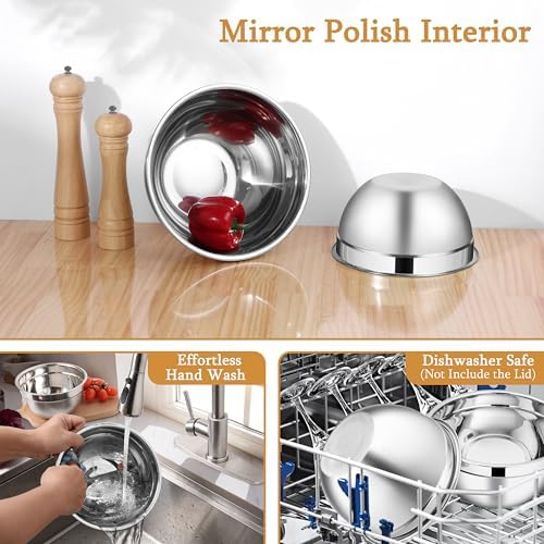 LIANYU Mixing Bowls with Lids Set, 3 Packs Stainless Steel Metal Bowls