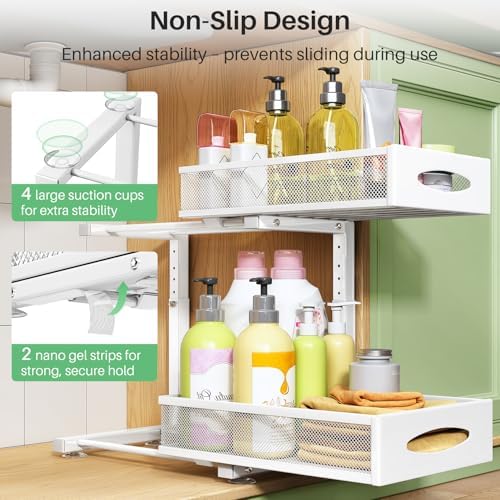 Under Sink Organizer, 2 Tier Pull out Cabinet Organizer Baskets with Mesh Sliding Drawers, Slide out Storage Shelf for Home, Kitchen, Bathroom, Pantry, Office Cabinet(1 Pack, White)