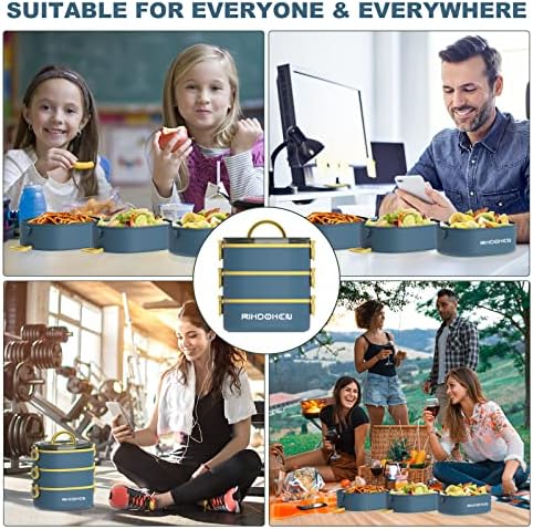 RIKDOKEN Lunch Box, Stackable 3 Layers Containers, Portable 94OZ Large Capacity Leakproof Bento Box with Spoon & Fork & Sauce Boxes, Microwave Safe Lunch Box for Kids and Adults