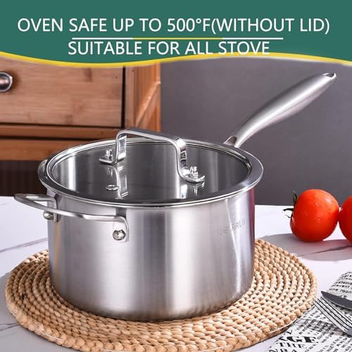 DELARLO Full-body Clad Tri-ply Stainless Steel 3.5 Quart Saucepan with Lid