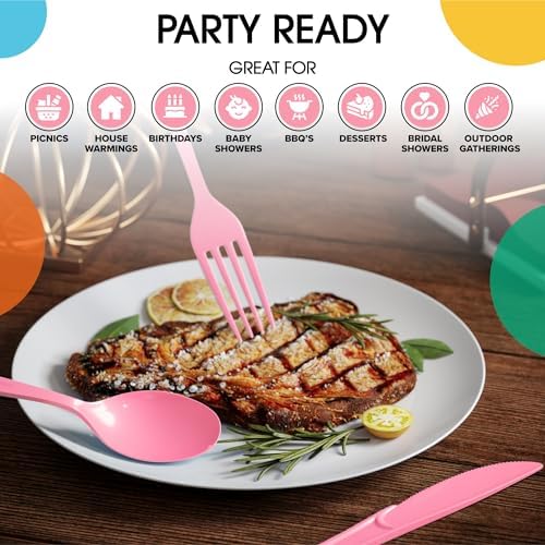 Party Solids Pink Plastic Silverware 150 Pcs Pink Cutlery Set