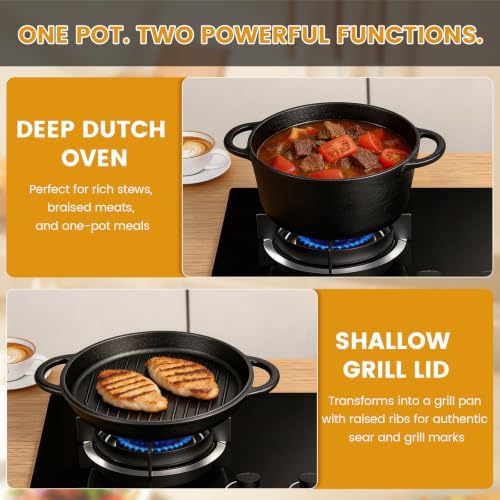 5QT Cast Iron Dutch Oven with Skillet Lid, 2-in-1 Cookware Set