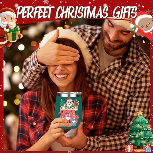 Christmas Wine Tumbler 12 oz Stainless Steel Wine Tumble Insulated Wine Tumbler with Lid Christmas Wine Glass Gifts with Straw and Brushes for Women Men Xmas Wedding Party (Green)