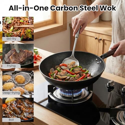13 Inch Carbon Steel Wok with Lid, Large Flat Bottom Woks & Stir-Fry Pan