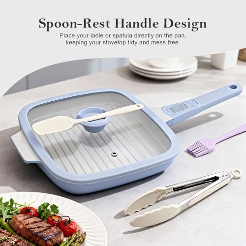 RANX INGST Nonstick Ceramic Griddle Pan with Lid, 10 Inch Steak Pan- Blue