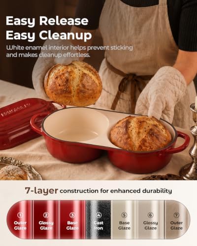 Sourdough Bread Baking Kit with Double Loaf Cast Iron Bread Pan, Red