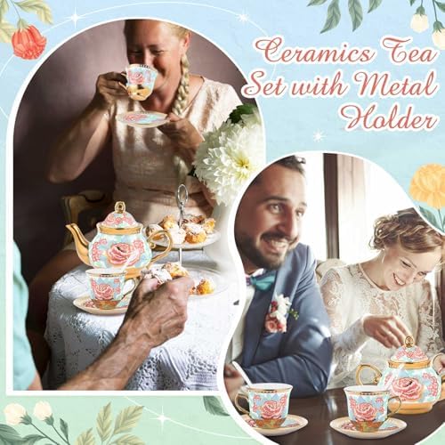 Zhehao 20 Pcs Porcelain Tea Set for Adult, with Metal Holder, Vintage