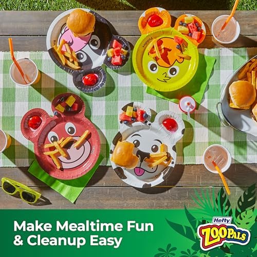 Hefty Zoo Pals Party Edition Paper Plates for Kids, Assorted Animal Designs, 7.75 Inches with Two Dipping Compartments, Multi-Color, 20 Count (Pack of 10)