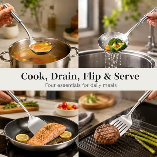 Pleafind Cooking Utensils Set - 4 Pcs Stainless Steel Kitchen Utensils Set with Solid Turner, Slotted Turner, Serving Ladle, Slotted Spoon, Wok Utensils Set with Heat Resistant Handle, Dishwasher Safe